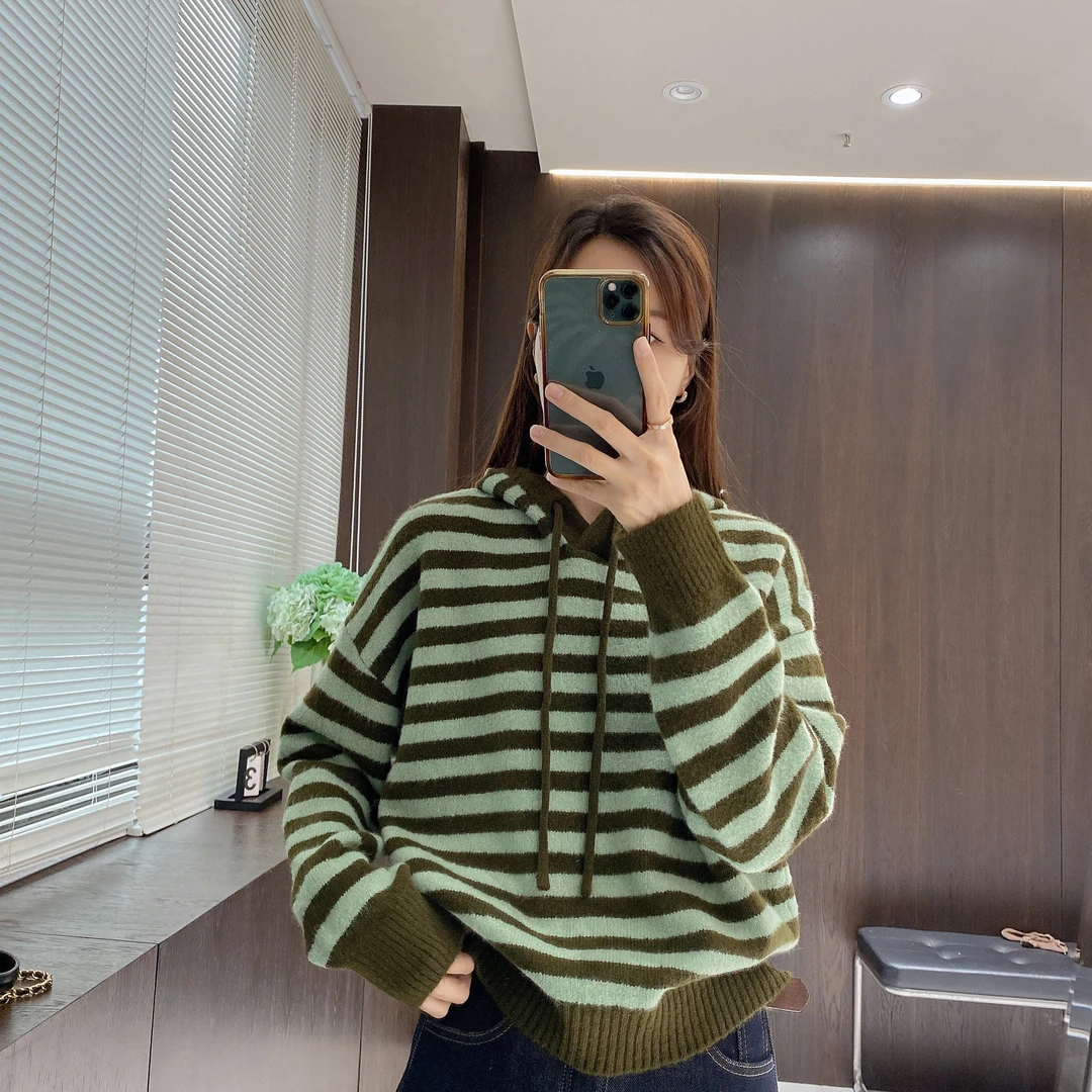 IMFLY金小金自制 针织衫DYW8181连帽条纹毛衣女冬季休闲套头上衣
