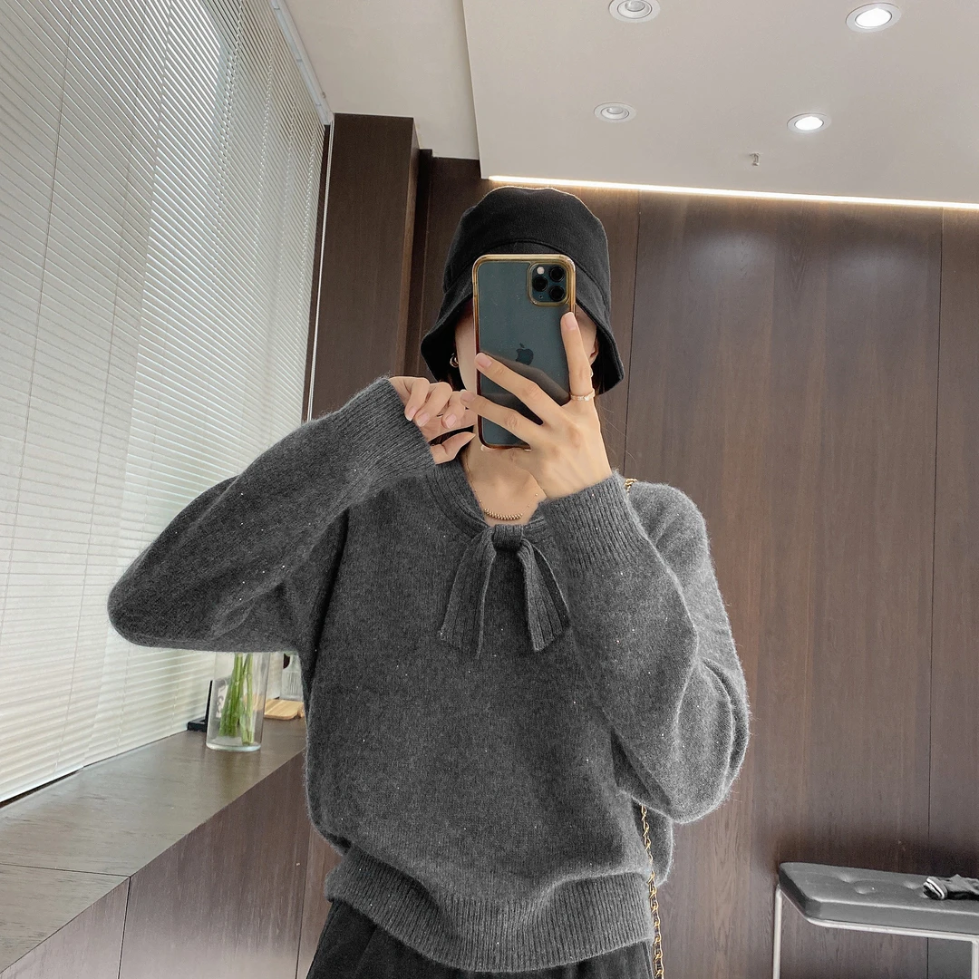 IMFLY金小金自制 绵羊毛衫DYW8060蝴蝶结毛衣女冬装上新针织上衣