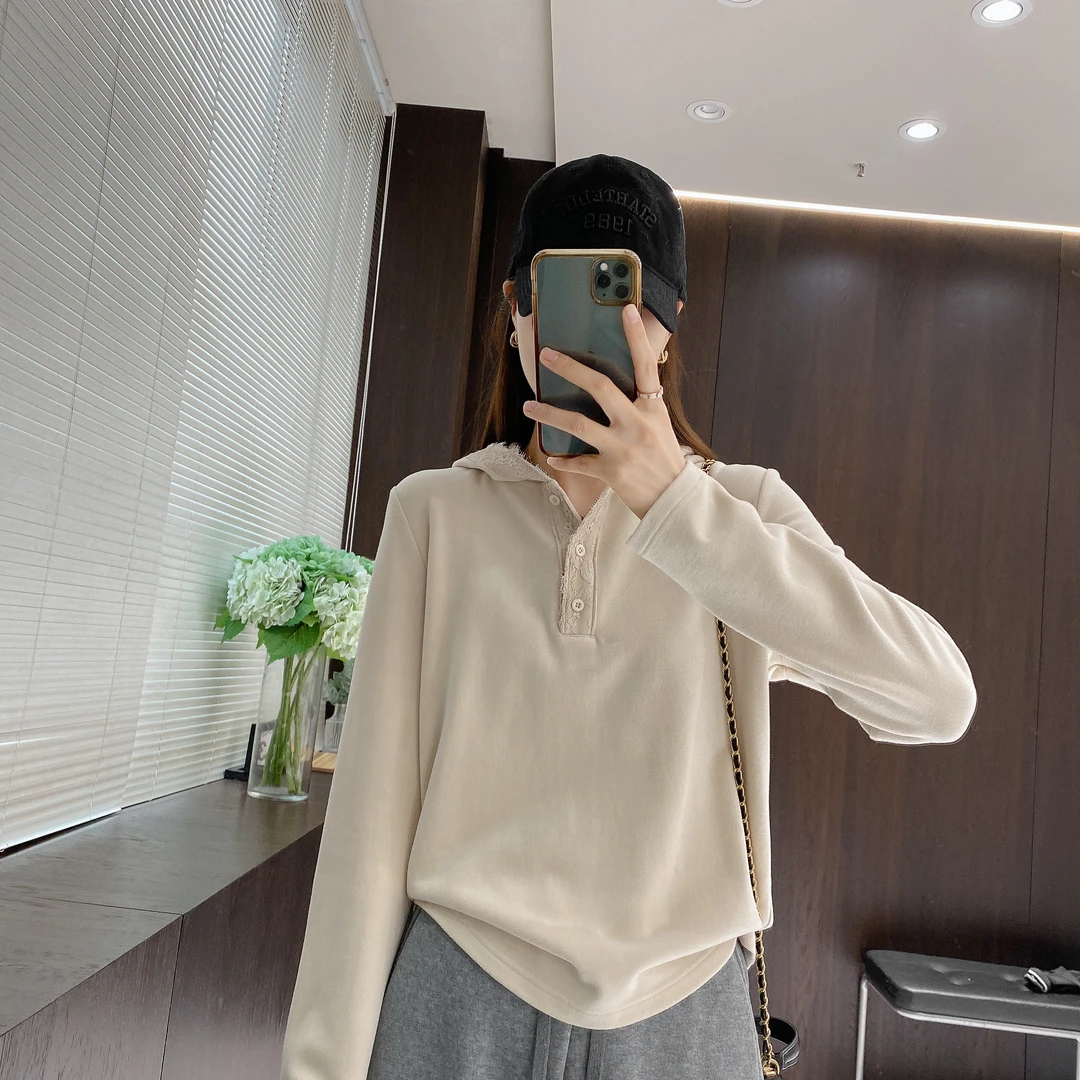 IMFLY金小金自制 卫衣DYW8058蕾丝边连帽衫女秋冬季叠穿时尚打底