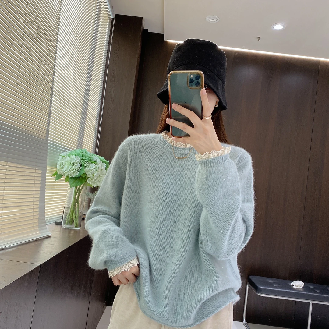 IMFLY金小金自制 绵羊毛衫DYW7969蕾丝边毛衣女秋冬季软糯针织衫