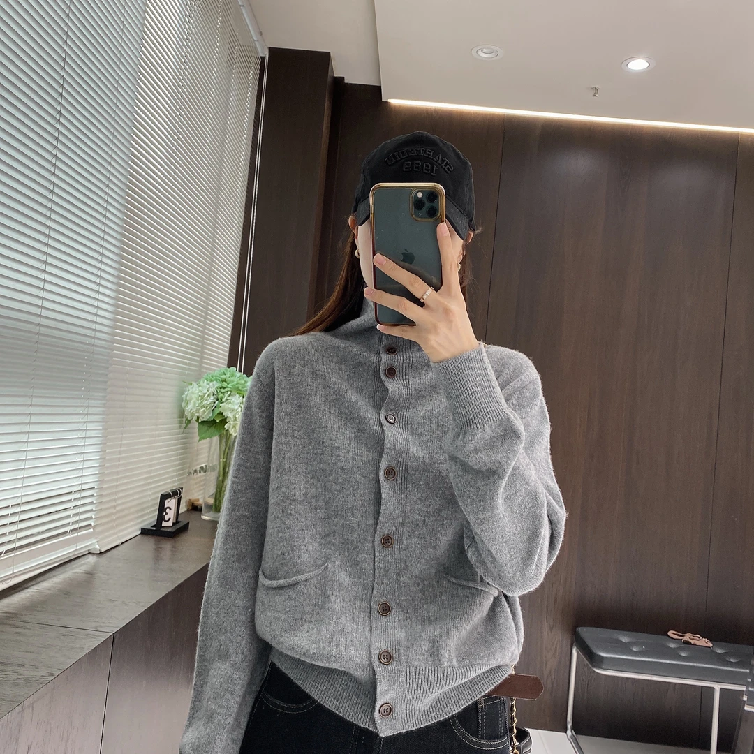 IMFLY金小金自制 绵羊毛开衫DYW8171冬装上新卷边高领针织毛衣女