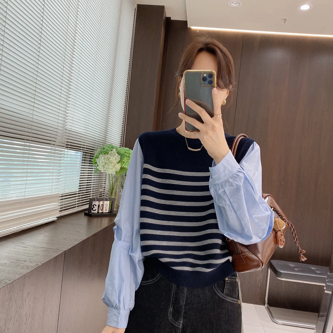 IMFLY金小金自制 假两件针织衫DYW7502秋季压褶衬衫袖拼接上衣女