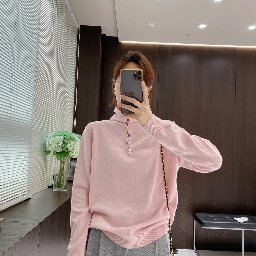 IMFLY金小金自制 绵羊毛衫DYW7987彩扣高领毛衣女秋冬季宽松小衫