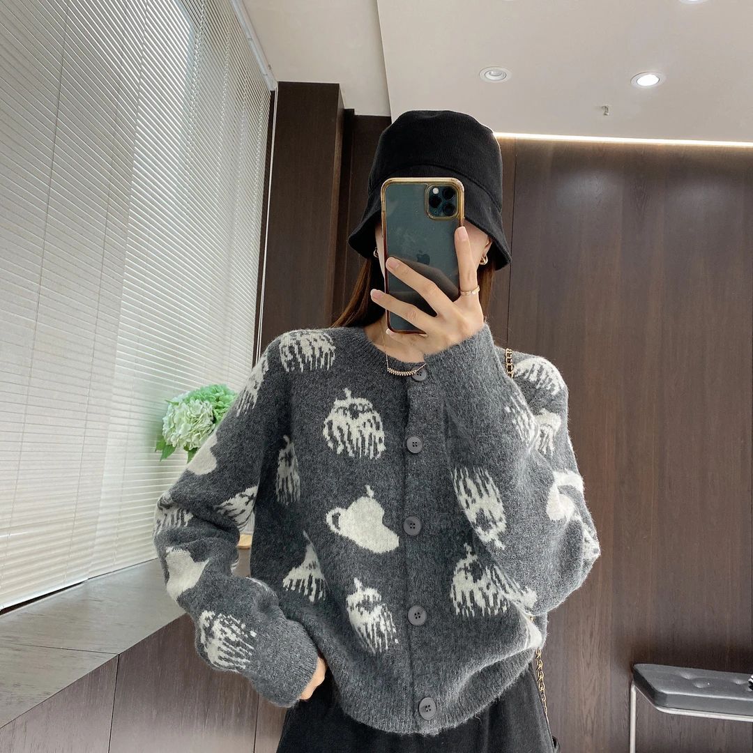 IMFLY金小金自制 针织开衫DYW8055花色毛衣女秋冬新款圆领短外套