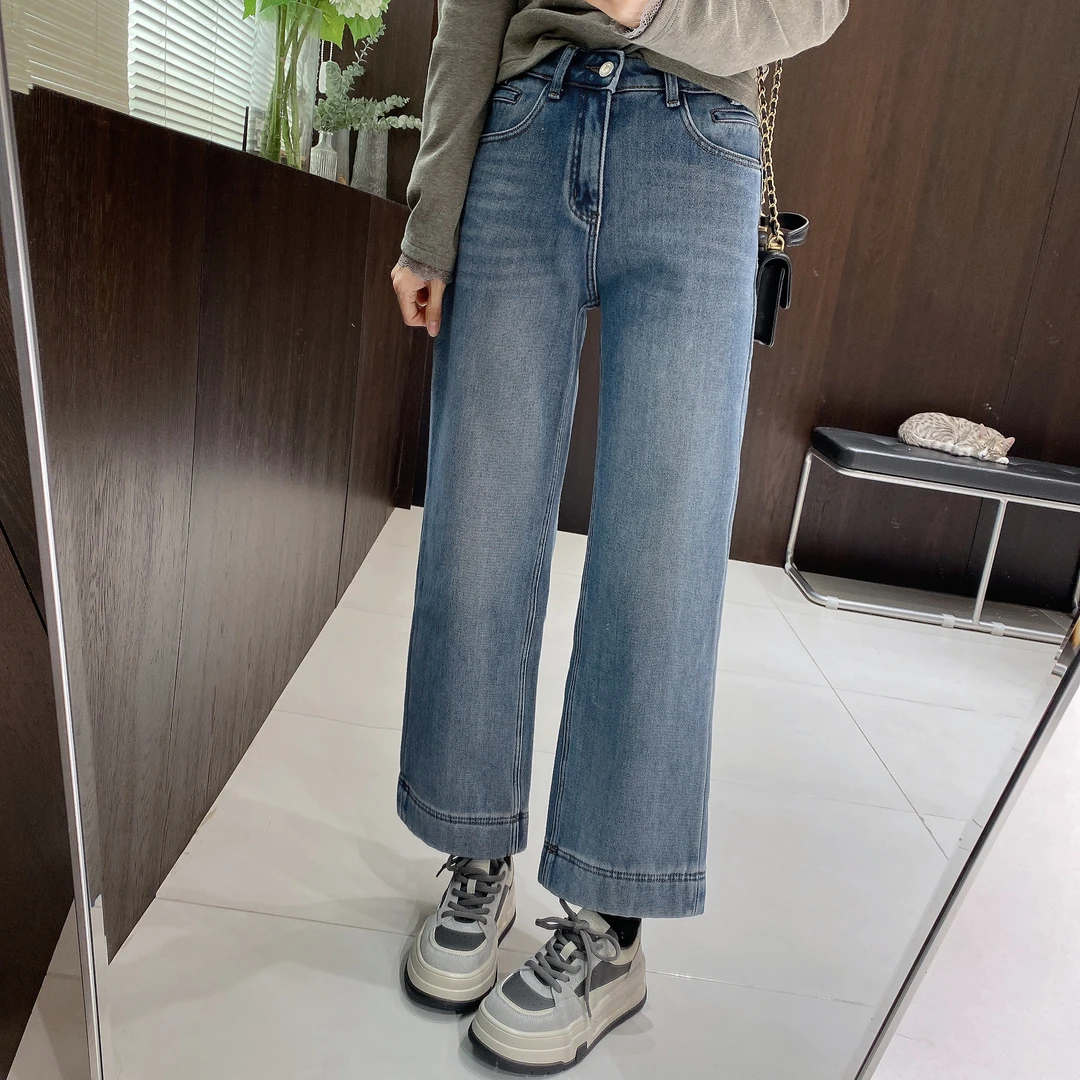 IMFLY金小金自制 加绒牛仔裤DYK2357窄版直筒裤女冬季蓝色九分裤