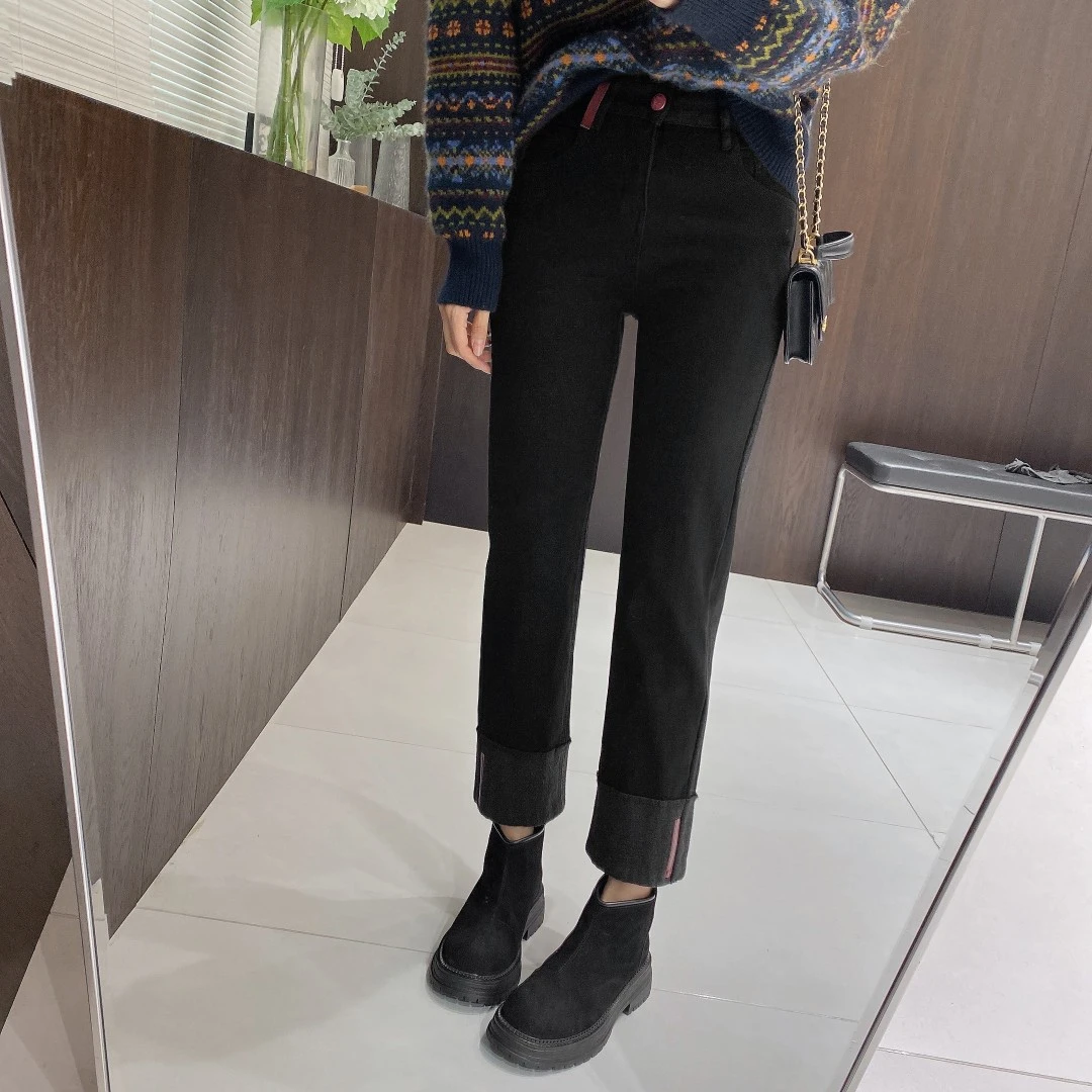 IMFLY金小金自制 加绒牛仔裤DYK2323烟管直筒裤女冬季卷边九分裤