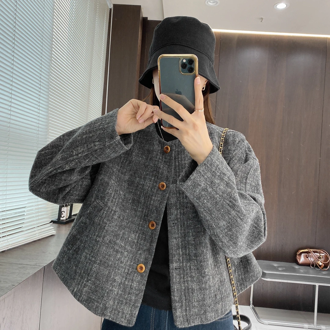 IMFLY金小金自制 短外套DYW7655秋冬季韩版圆领单排扣气质上衣女