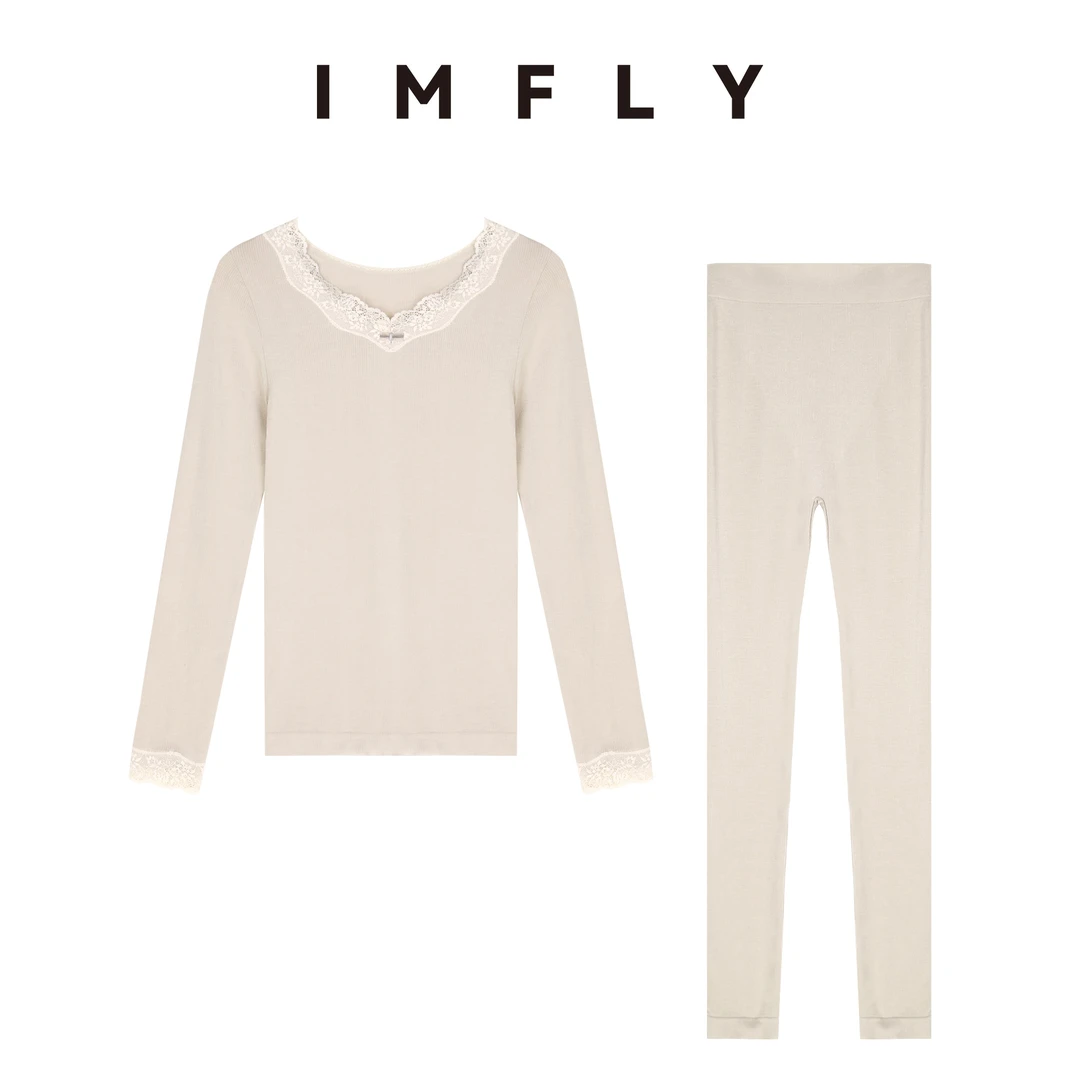 IMFLY金小金自制 保暖套装DYW7858蕾丝边V领修身秋衣秋裤女两件套