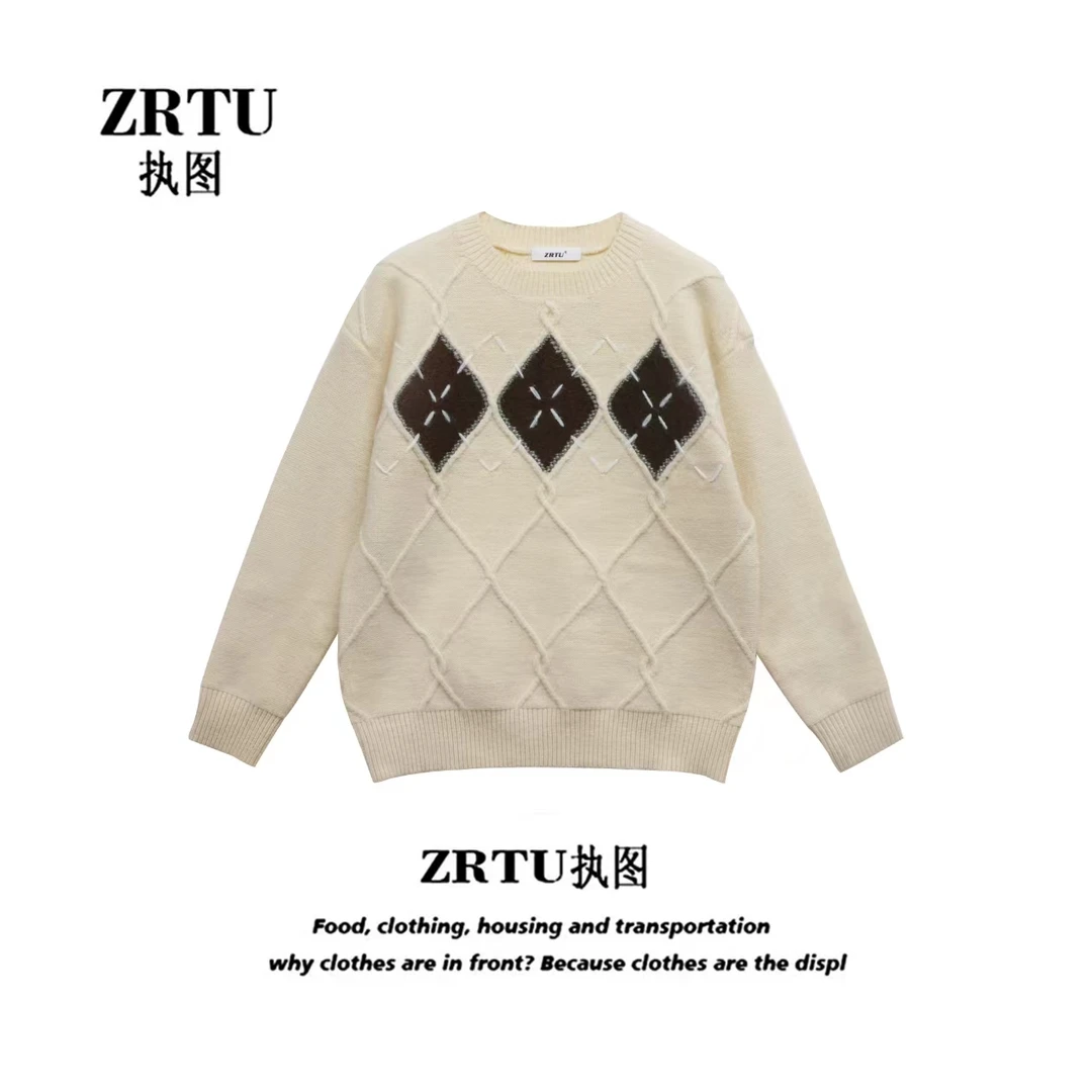 ZRTU/执图（自播）新款针织宽松百搭复古菱格圆领慵懒风套头毛衣