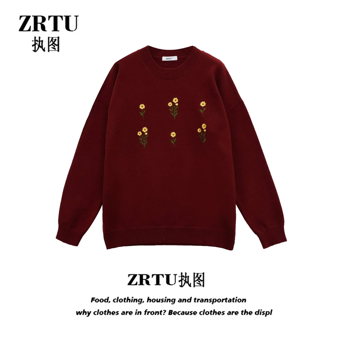 ZRTU/执图（自播）休闲百搭刺绣小花圆领毛衣长袖宽松慵懒针织上衣