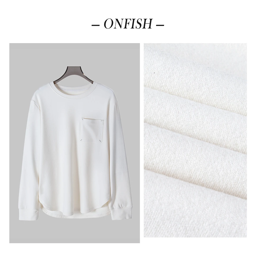 松弛感软糯简约圆领贴袋长袖T恤舒适时尚休闲百搭A1040