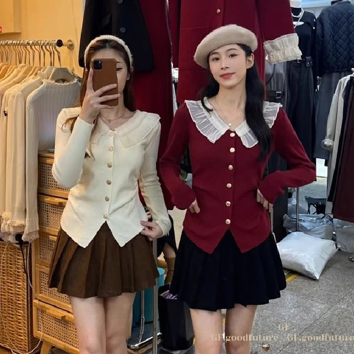 拼接v领针织开衫红色毛衣女冬季2024秋冬新款木耳边修身显瘦上衣