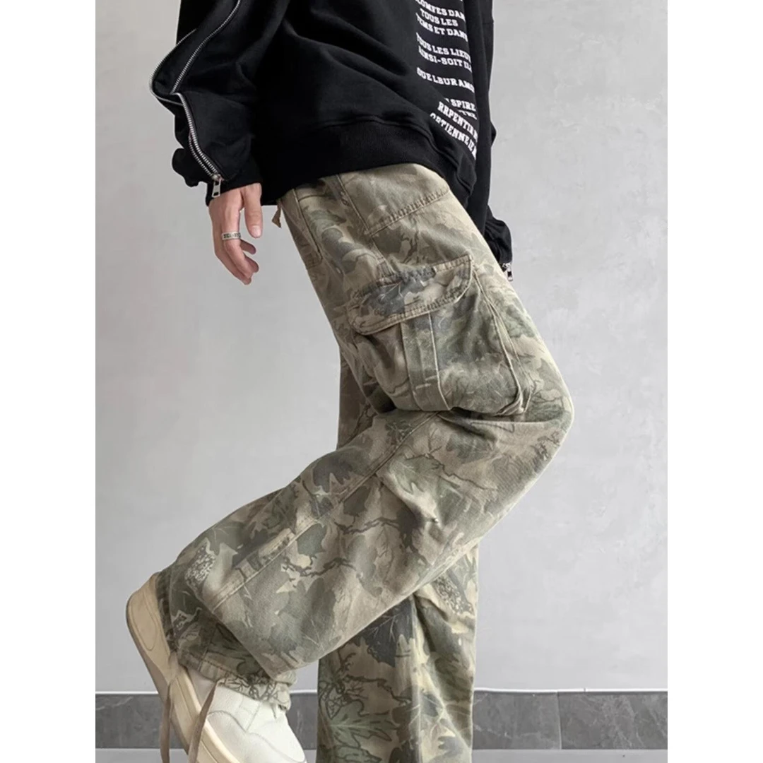 2023新款 废土 美式迷彩 树叶纹复古男生休闲裤高街 长裤