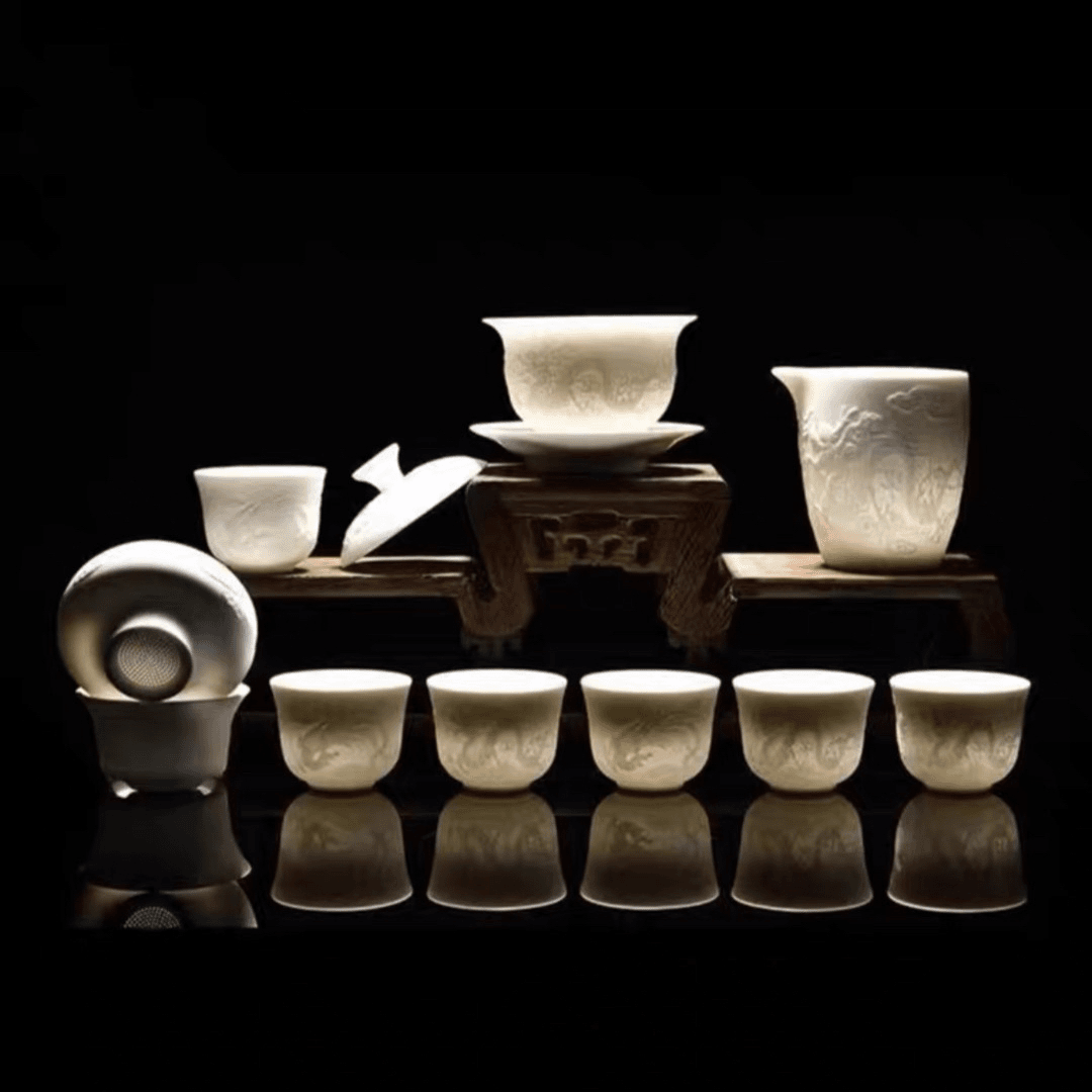羊脂玉龙纹素烧（不带礼盒）浮雕整套茶具陶瓷办公家用三才盖碗款