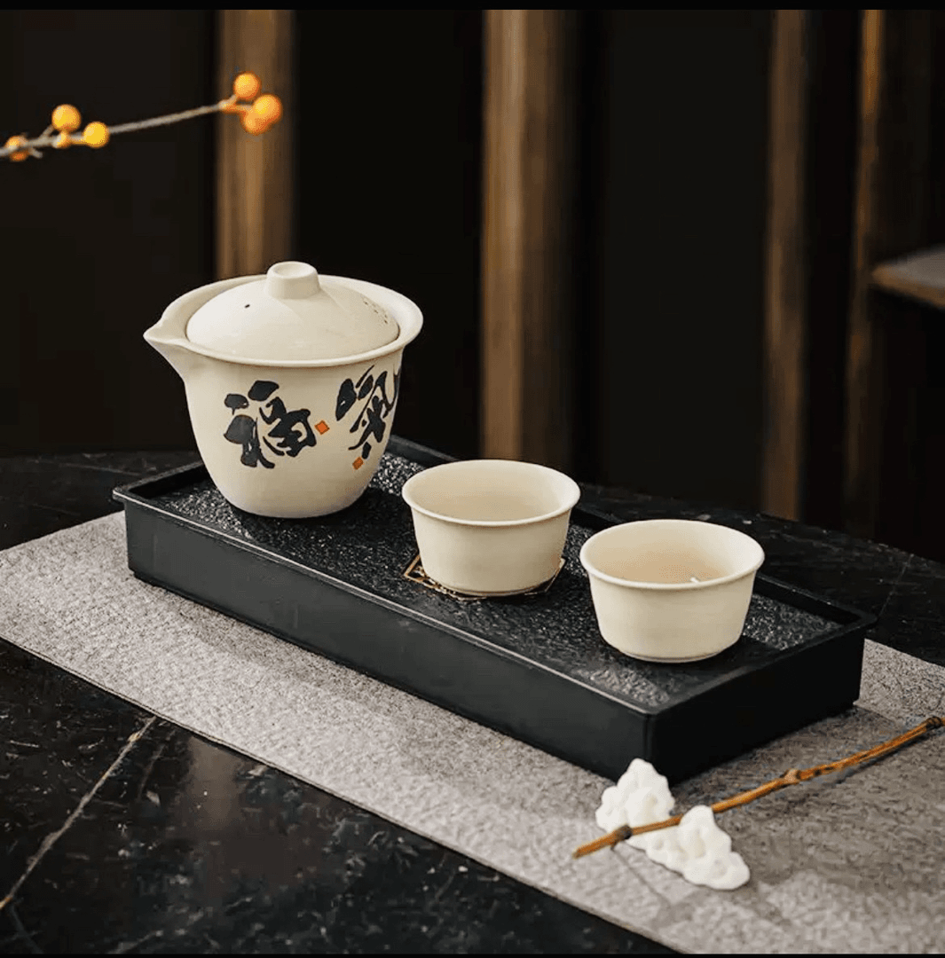 草木灰福气粗陶茶具（带茶盘）户外陶瓷手绘一壶两杯