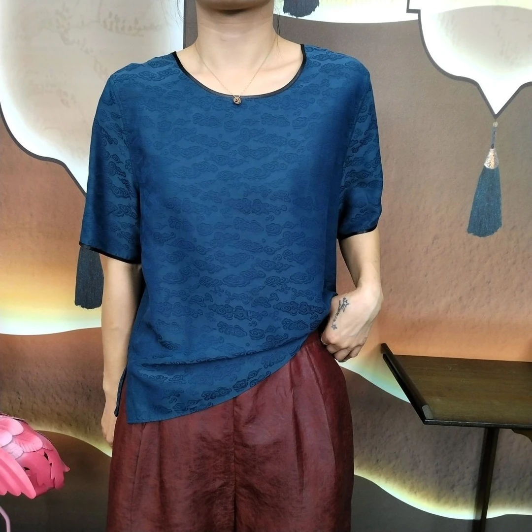 【100%桑蚕丝祥云花罗双面穿短袖上衣】香云纱提花T恤宽松小衫dz101