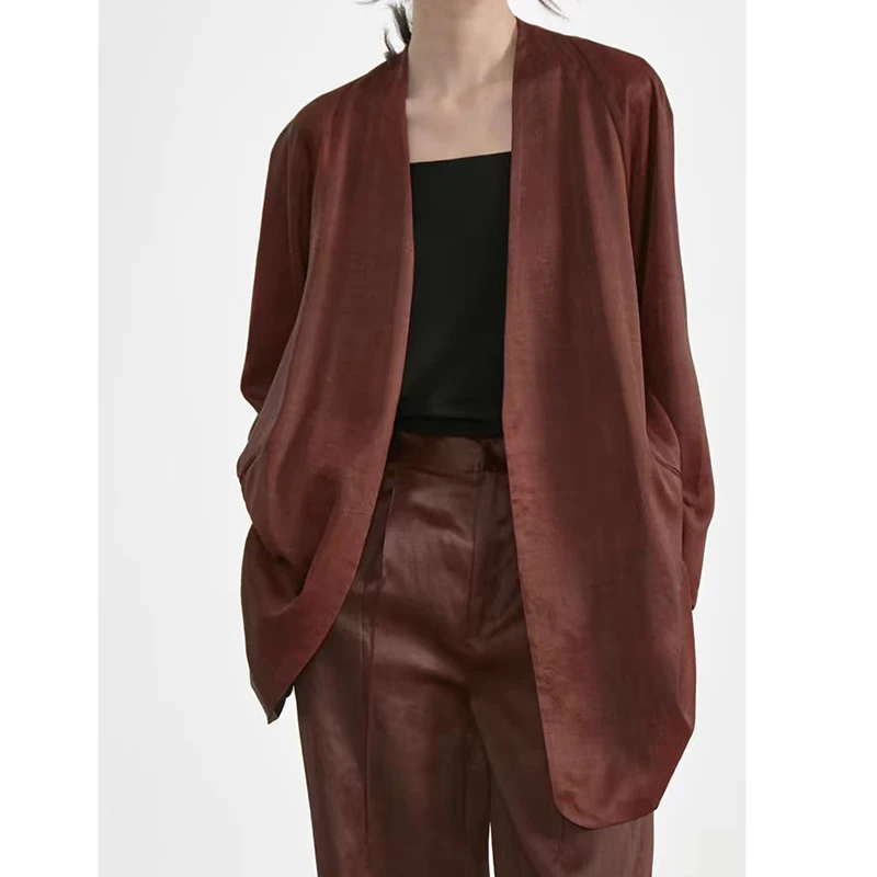 【红油皮简洁西装】100%桑蚕丝香云纱气质长袖开衫上衣外套hj2008