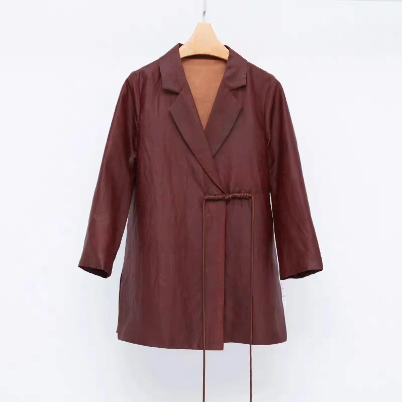 高定【100%桑蚕丝油皮老料盘扣西装】红云纱龟裂纹西服上衣dz062