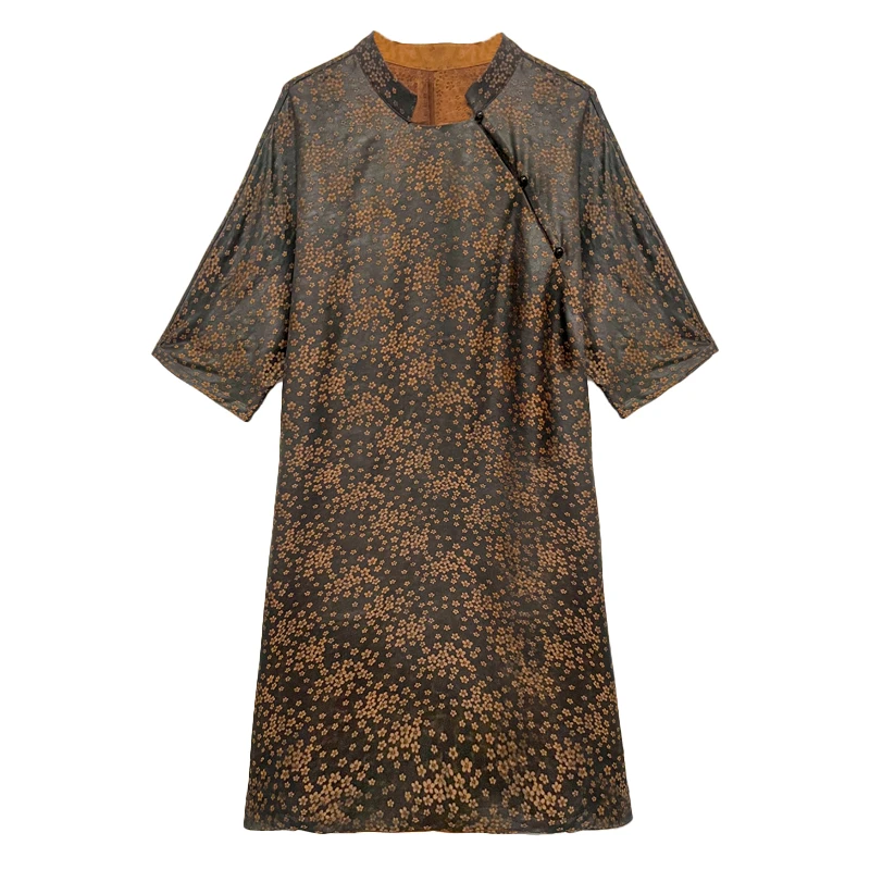 【100%桑蚕丝花罗二大衫连衣裙】香云纱短袖中式立领侧襟dz119