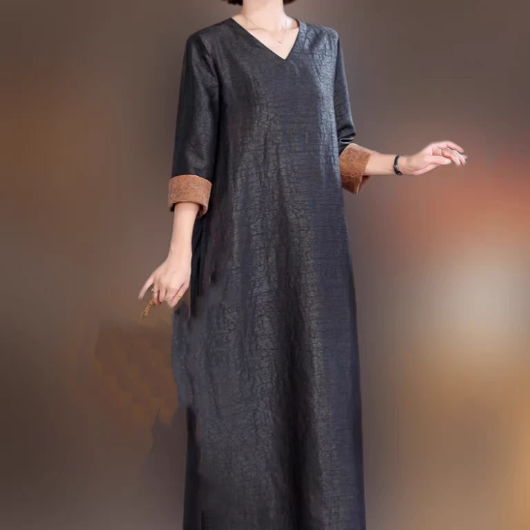 【爆浆原龟V领袍子裙】100%桑蚕丝香云纱老料龟裂纹长连衣裙ds3066