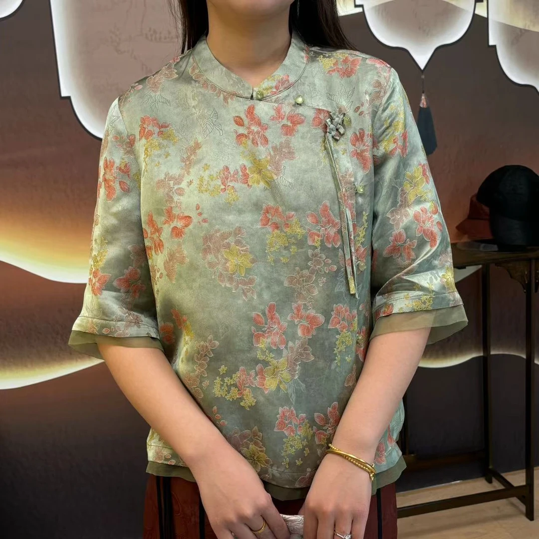 【花开富贵上衣】斜襟盘扣外套桑蚕丝红云纱花萝印花长袖tt8502