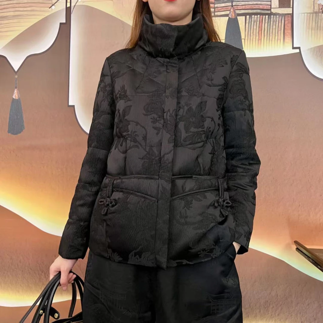 【香云纱黑提花鹅绒服】时尚高端冬装提花鹅绒短上衣tt7086