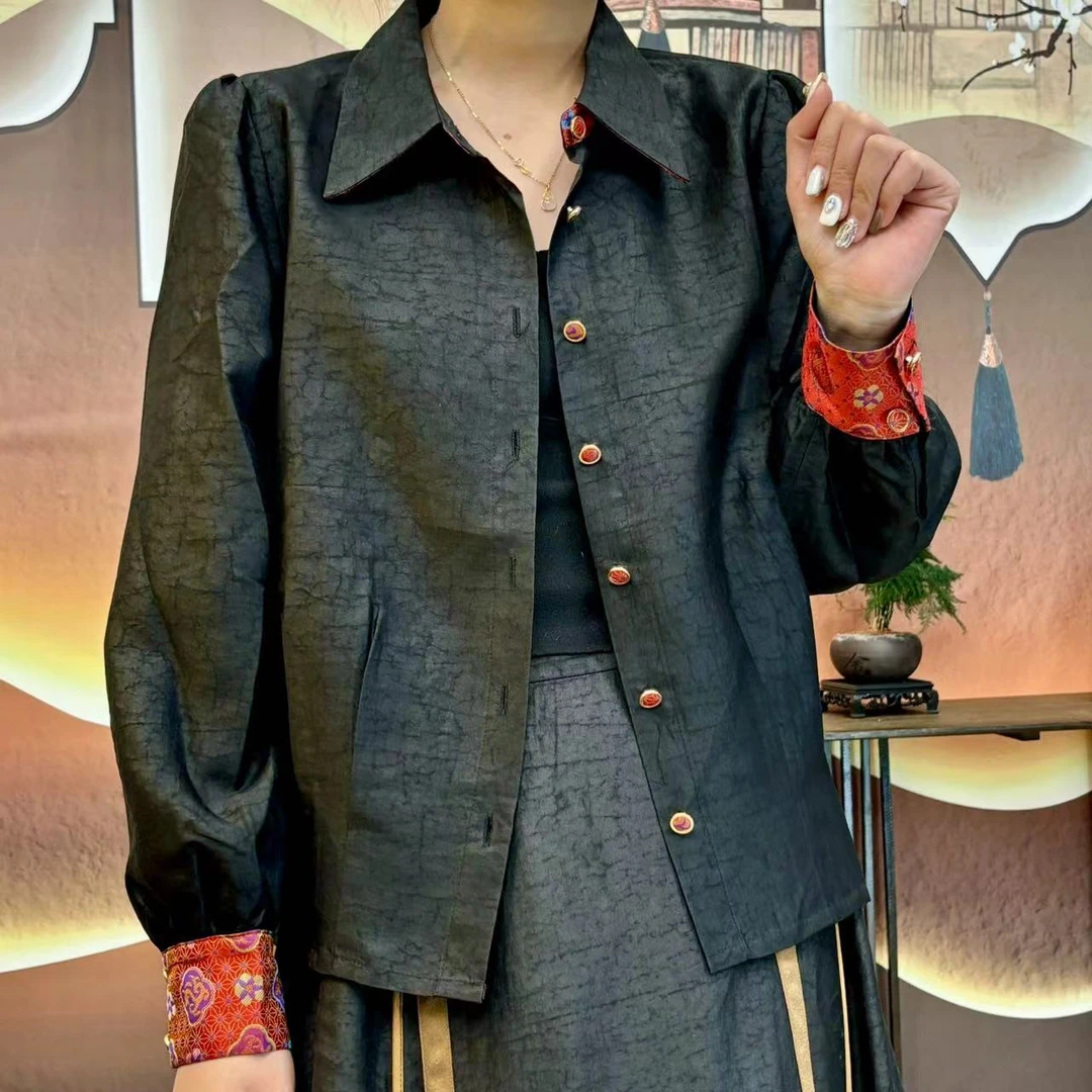 现货【黑龟拼宋锦夹克衫】黑龟双层上衣香云纱开衫100%桑蚕丝dz021