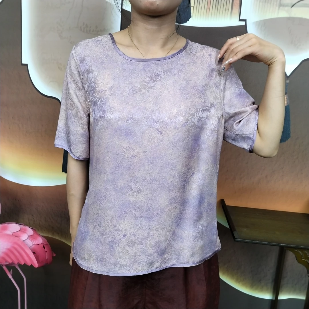 【高订圆领短袖双穿上衣】100%桑蚕丝两面穿时尚女套头衫dz101