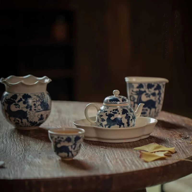 霖松堂草木灰青花手绘双鹿小品壶景德镇陶瓷茶具开片泡茶壶160ml