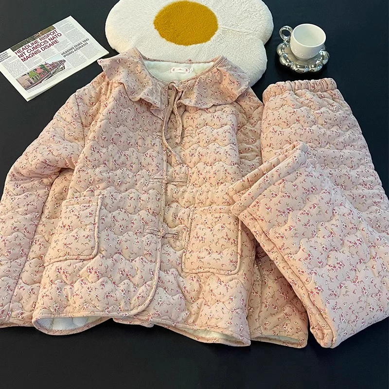 2024新款睡衣女冬季三层夹棉袄加厚加绒冬天保暖小碎花家居服套装