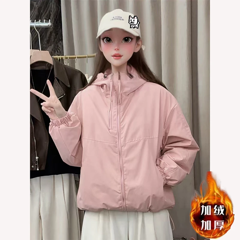 2024加绒加厚新款双拉链冲锋衣休闲小个子连帽百搭宽松遮肉冬季潮