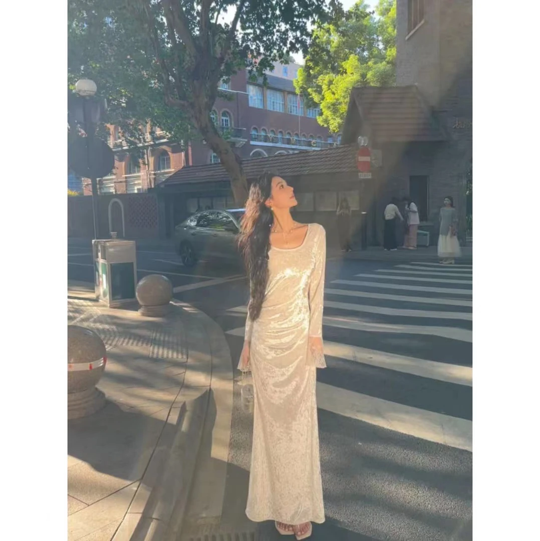 ALIN【白玫瑰】秋季气质时尚修身拼蕾丝连衣裙