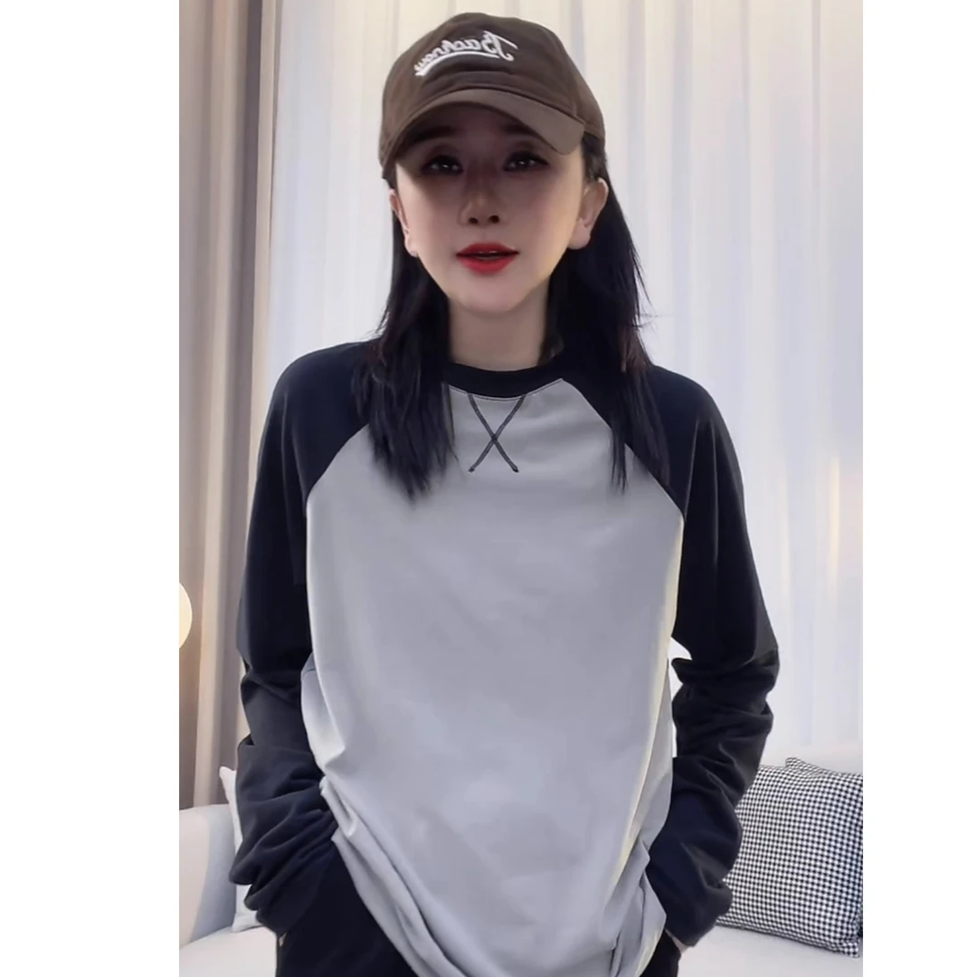 JW/静稳2023秋季新品时尚宽松百搭休闲女款减龄长袖拼色T恤3026