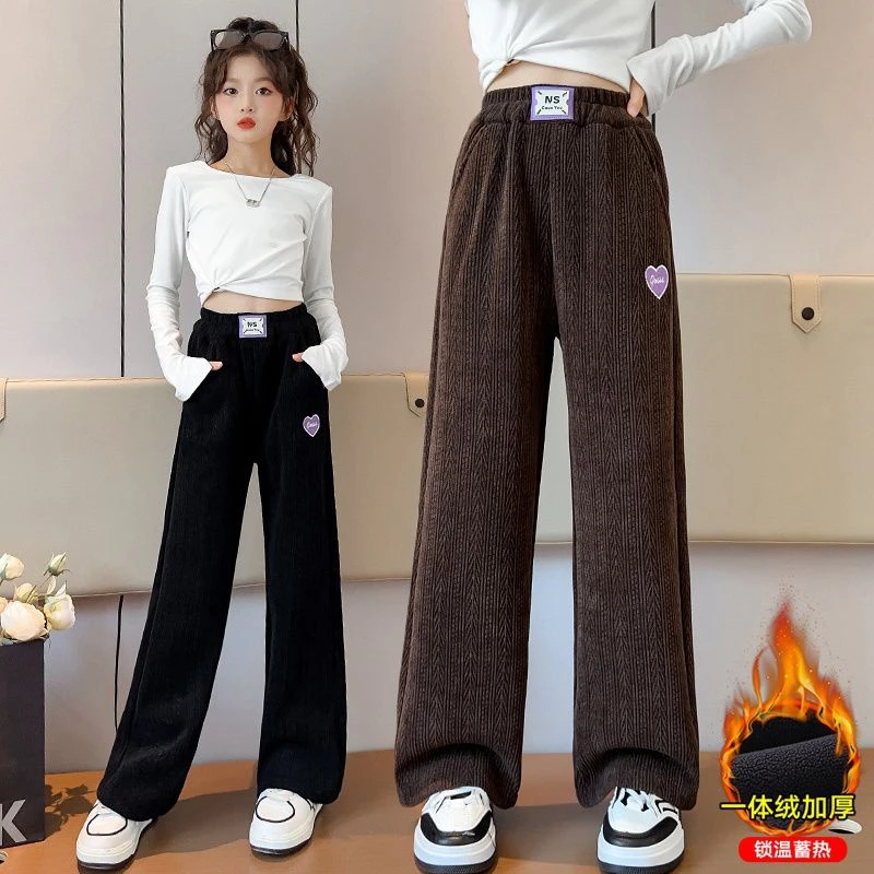 芭啦啦女童裤子秋冬大童加绒一体绒洋气外穿阔腿长裤加厚冬款儿童