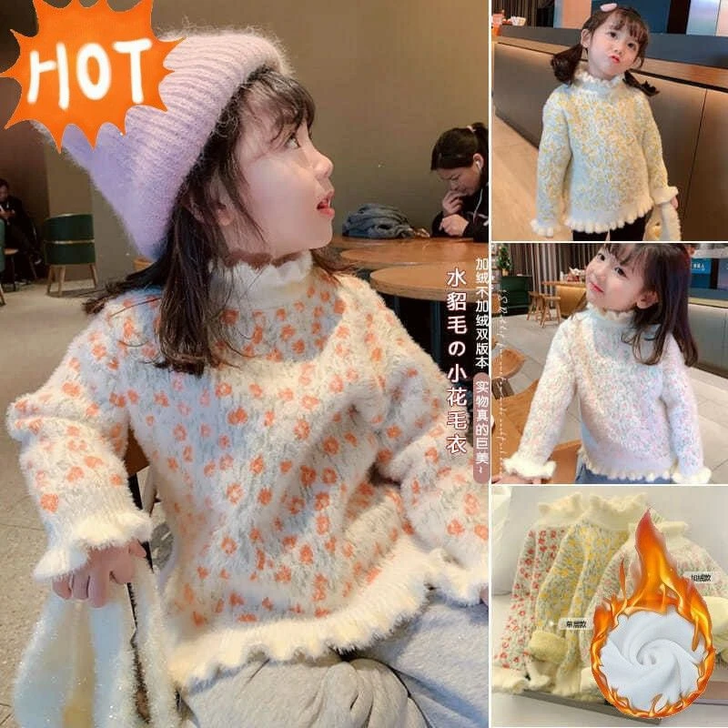 芭啦啦宝宝半高领洋气冬装儿童针织衫毛衣加绒女童加厚一体水貂绒
