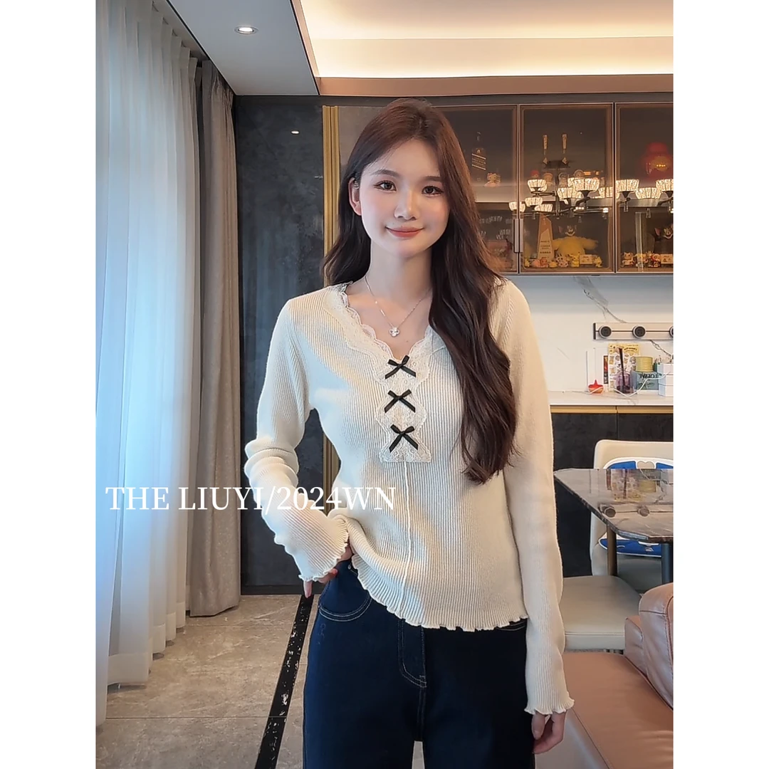 【LIUYI】羊毛混纺冬季蝴蝶结蕾丝打底毛衣411054