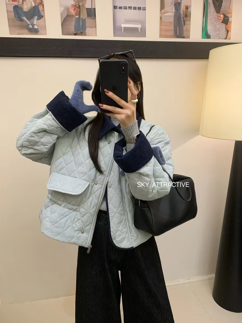 韩系翻领菱格夹棉加厚保暖外套设计感撞色拼接灯芯绒棉衣女