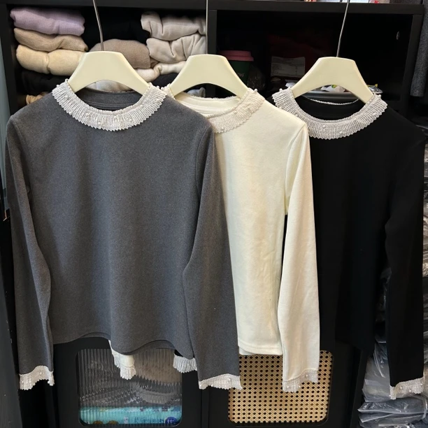 双面德绒磨毛宫廷风蕾丝拼接气质显瘦针织打底衫