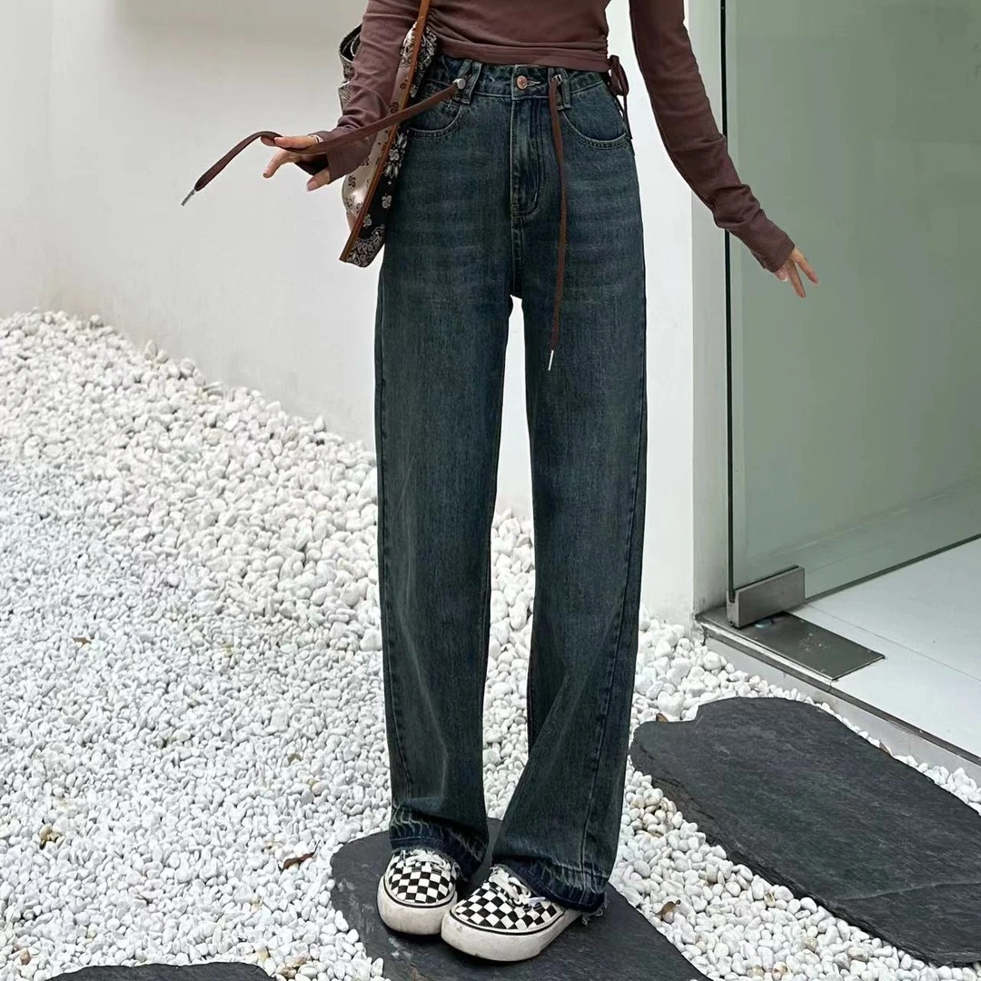 海狸定制【抽绳牛仔】深复古蓝脚口毛边撞色牛仔裤休闲宽松百搭直筒