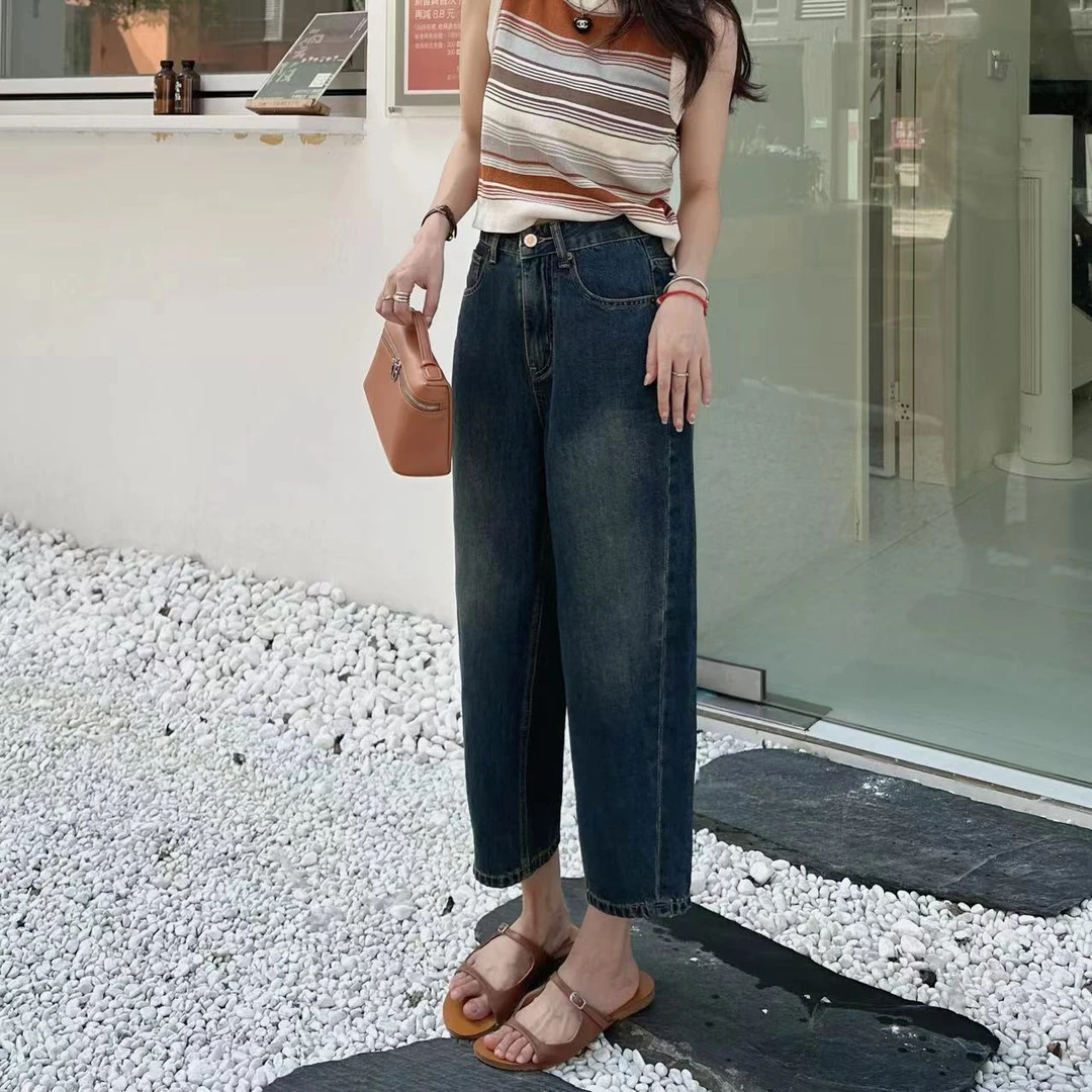 海狸定制【空气裤】夏季薄款八分立体裁剪深色遮肉百搭复古风牛仔裤