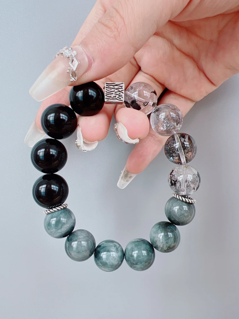 【武士】设计款 中高品水晶手串925银 男士手串 男款黑曜石黑闪灵