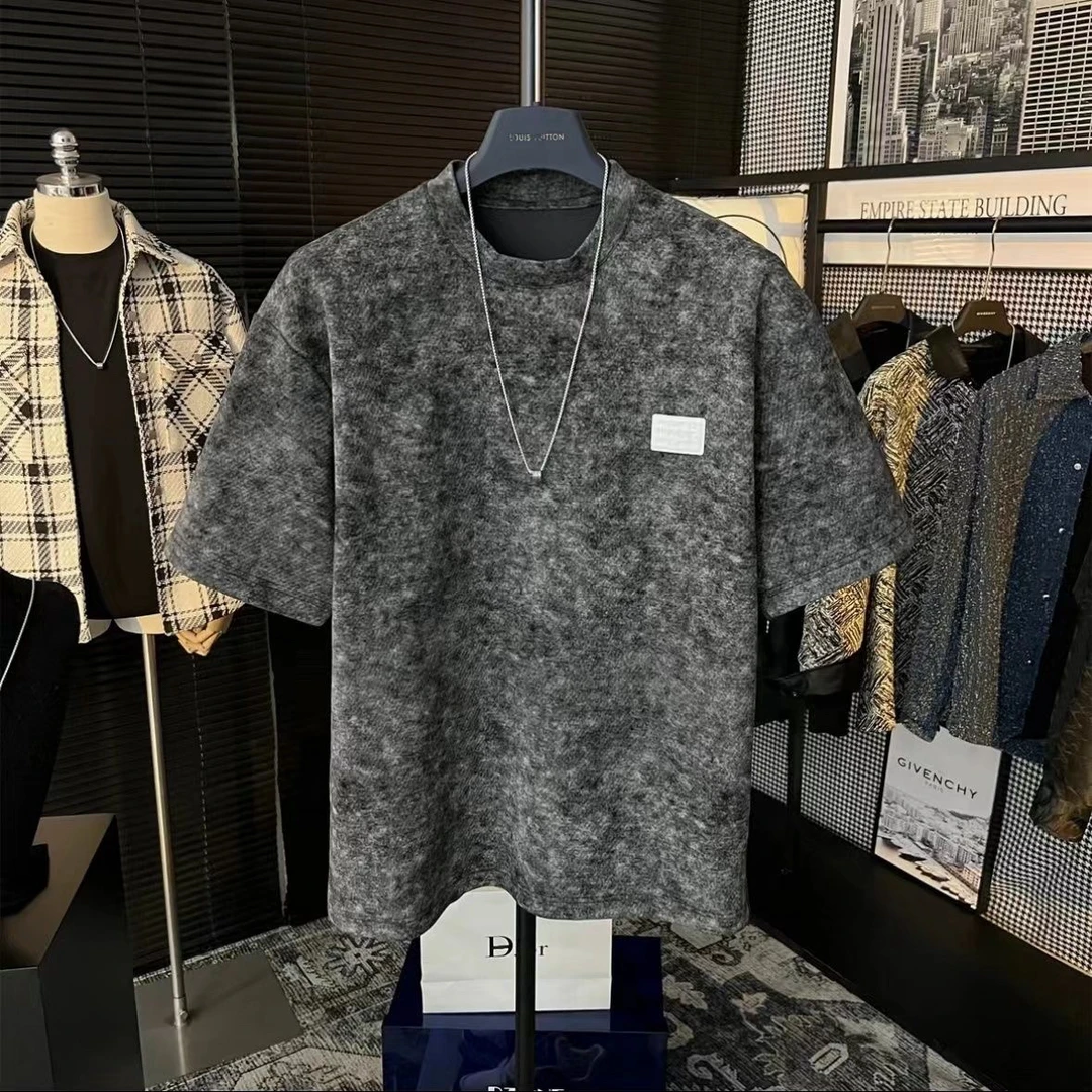 夏季重磅210g高级感洗水做旧短袖上衣小标撞色拼接男女半袖T恤潮