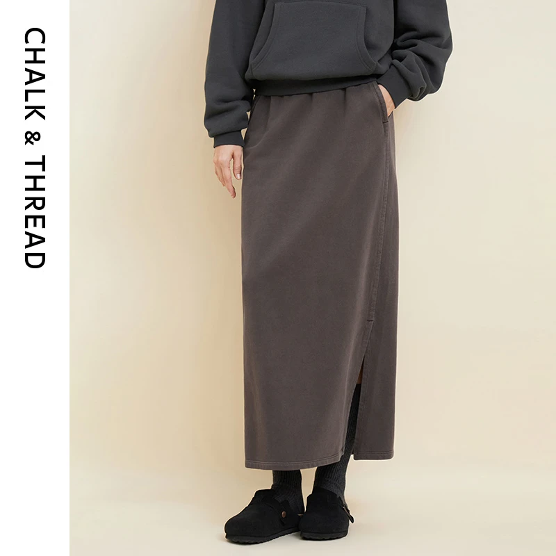 CHALK&THREAD松紧腰抽绳毛圈棉卫裙侧开叉直筒半身裙