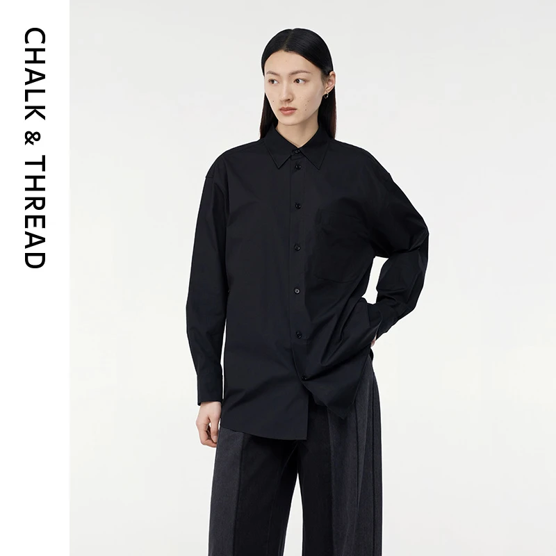 CHALK&THREAD法式简约中长款黑色宽松廓形棉质长袖衬衫