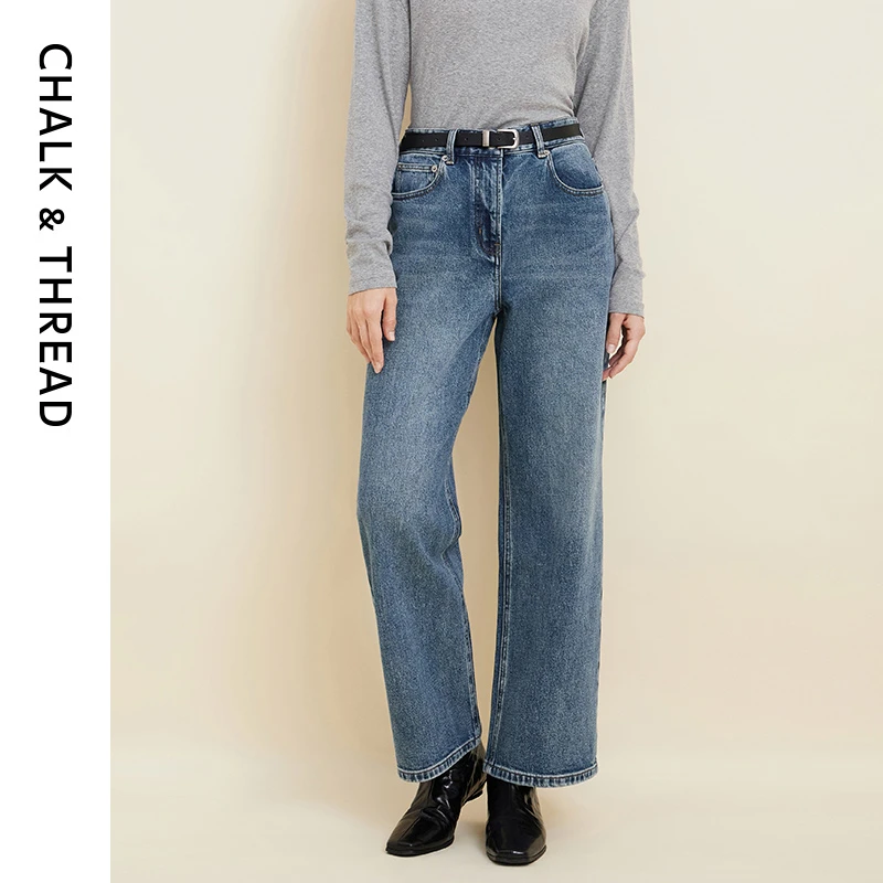 CHALK&THREAD复古牛皮腰带土耳其牛仔高腰直筒牛仔裤