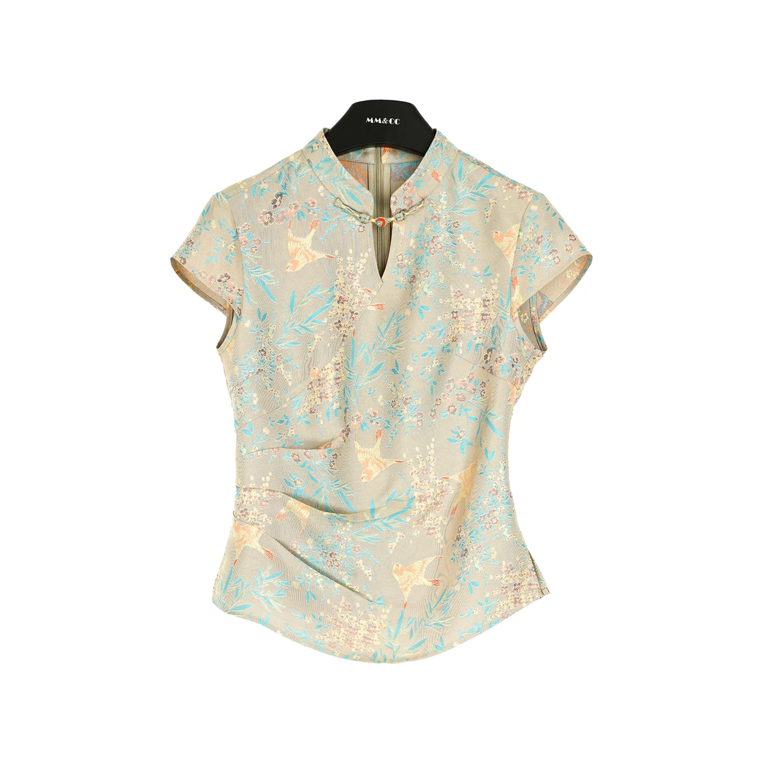 仫赐【蓝墨】新中式国风立领盘扣正肩单侧打褶上衣MCFSY0369