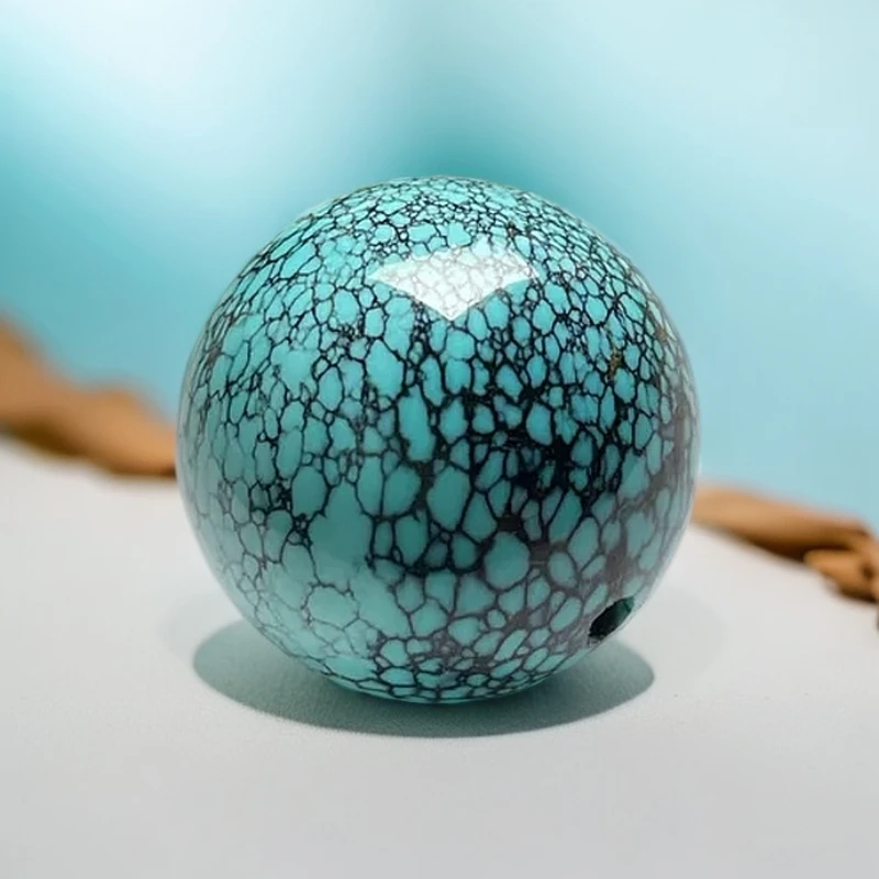 【帝丰】湖北十堰天然原矿绿松石高瓷精工高瓷网花圆珠吊坠配饰