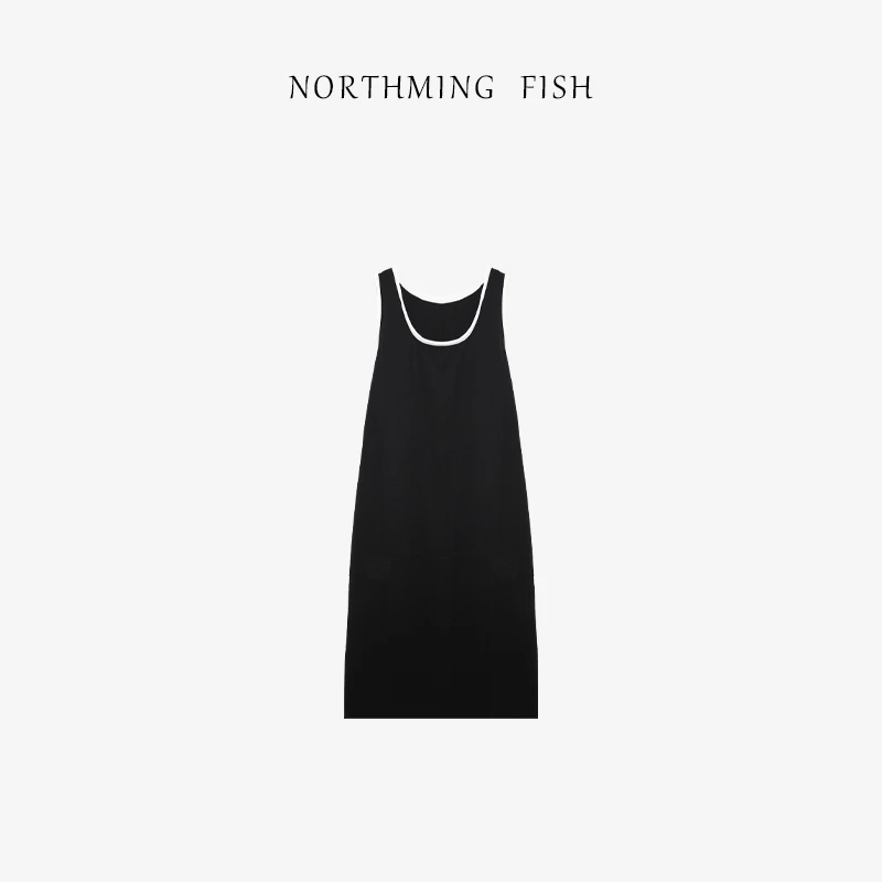 NORTHMING FISH '焦点‘ 黑白撞色设计假两件无袖背心连衣裙