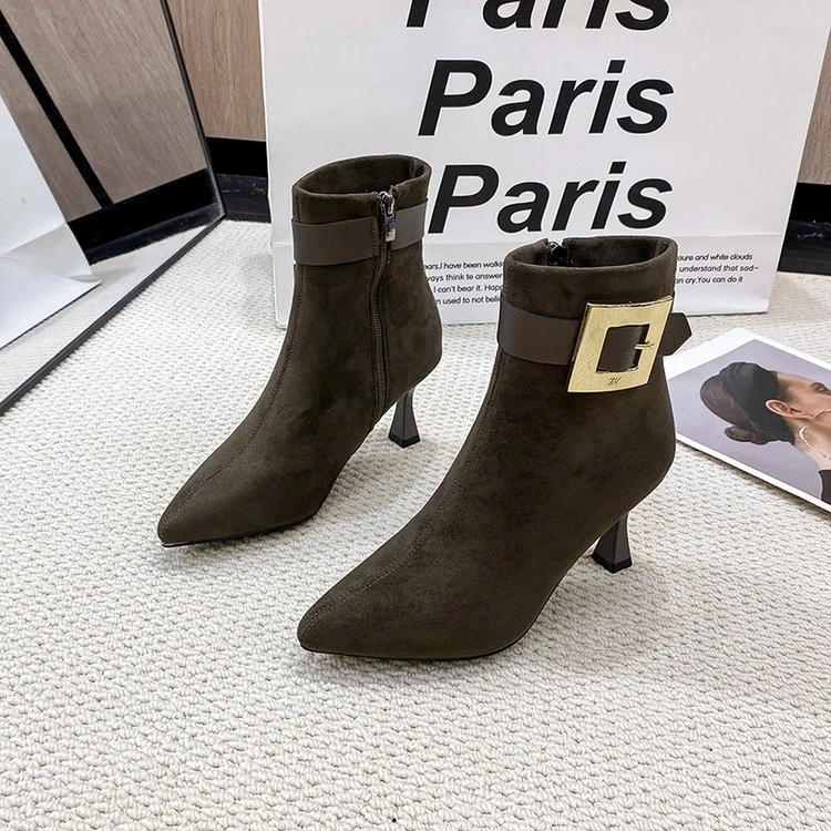 时尚细跟小短靴冬天高跟鞋尖头秋冬ol瘦瘦靴气质网红加绒百搭裸靴