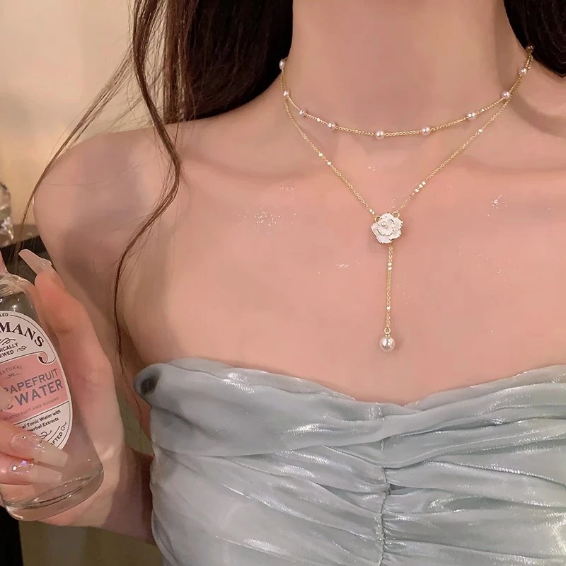 合金仿珍珠项链 山茶花流苏锁骨链双层贝珠项链女轻奢高级感颈链
